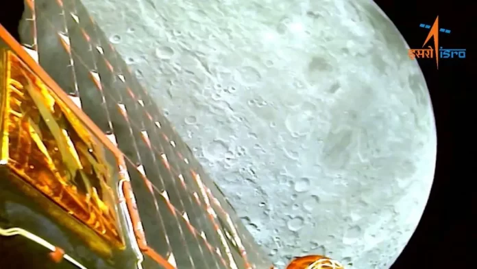 A view of the moon as viewed by the Chandrayaan-3 lander during Lunar Orbit Insertion on August 5, 2023 in this screengrab from a video released August 6, 2023. ISRO/Handout via REUTERS/File Photo