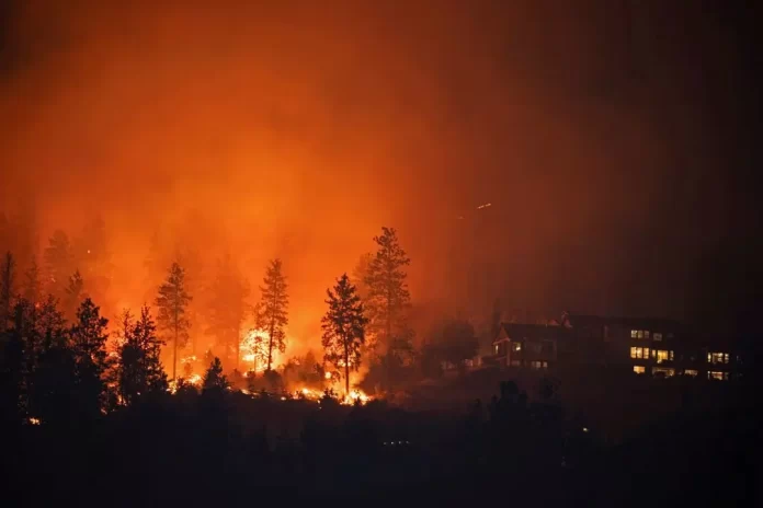 The McDougall Creek wildfire burns next to houses in the Okanagan community of West Kelowna, British Columbia, Canada, August 19, 2023. REUTERS/Chris Helgren