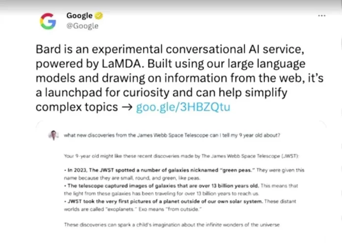 Google tweets about its AI chatbot Bard in this screenshot obtained from social media, February 8, 2023. Twitter/Google via REUTERS