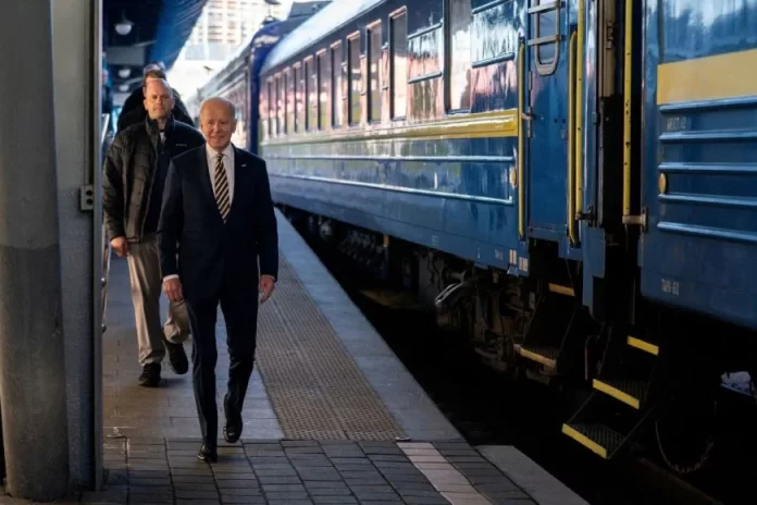 President Joe Biden arrives for a surprise visit with Ukrainian President Volodymyr Zelenskiy, Monday, Feb. 20, 2023, in Kyiv. Evan Vucci/Pool via REUTERS