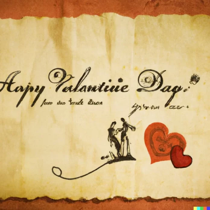 An image of an antique Valentine's Day card, with a romantic and whimsical design, placed against a backdrop of a parchment paper.