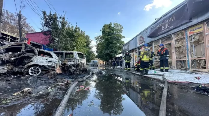 Emergency services work following an attack on the city of Kostiantynivka in eastern Ukraine, September 6, 2023, according to presidential adviser Mykhailo Podolyak, in this still image from video obtained from social media.