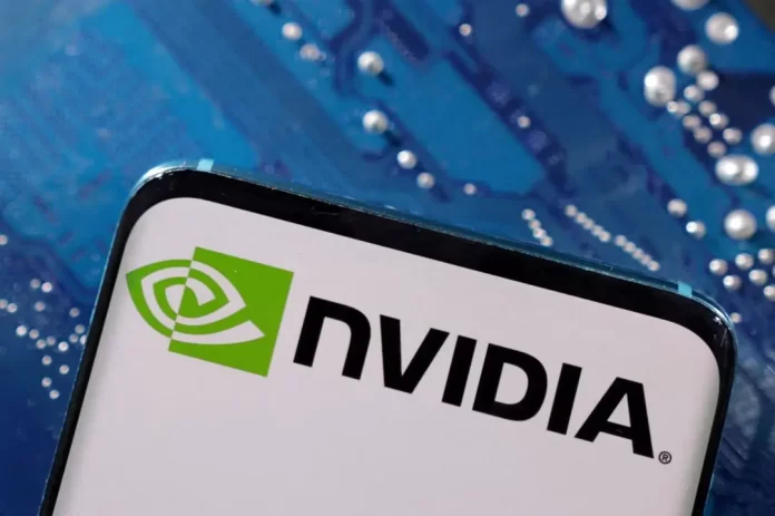 A smartphone with a displayed NVIDIA logo is placed on a computer motherboard in this illustration taken March 6, 2023. REUTERS/Dado Ruvic/Illustration/File Photo