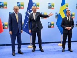 Turkish President Tayyip Erdogan, Swedish Prime Minister Ulf Kristersson and NATO Secretary-General Jens Stoltenberg gather prior to their meeting, on the eve of a NATO summit, in Vilnius, Lithuania July 10, 2023. Henrik Montgomery /TT News Agency/via REUTERS